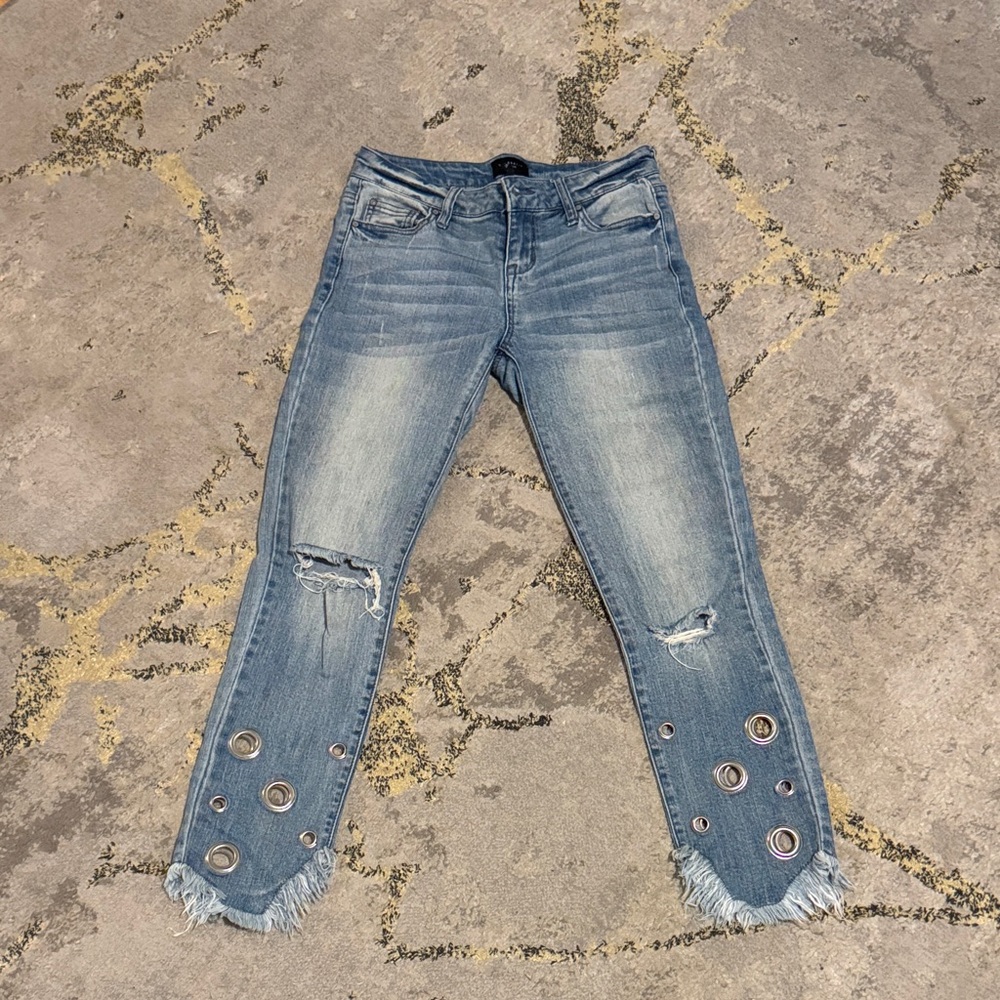 Celebrity Pink Light Blue Cropped Jeans with Grommets